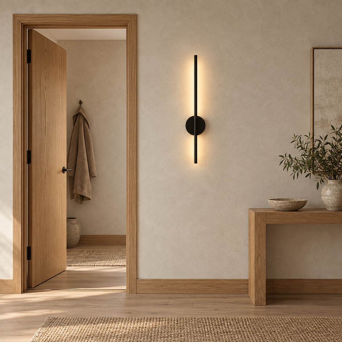 Nedrila black battery operated wall sconce lit beside an entryway door in daylight