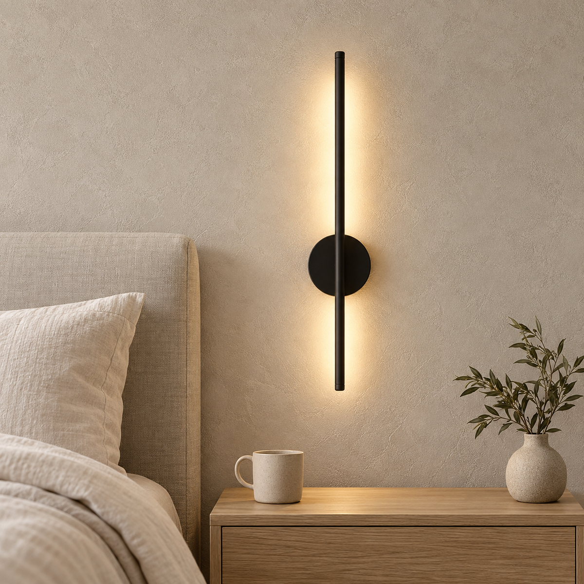 Nedrila black cordless wall lamp glowing warm beside a bed in a daylit bedroom