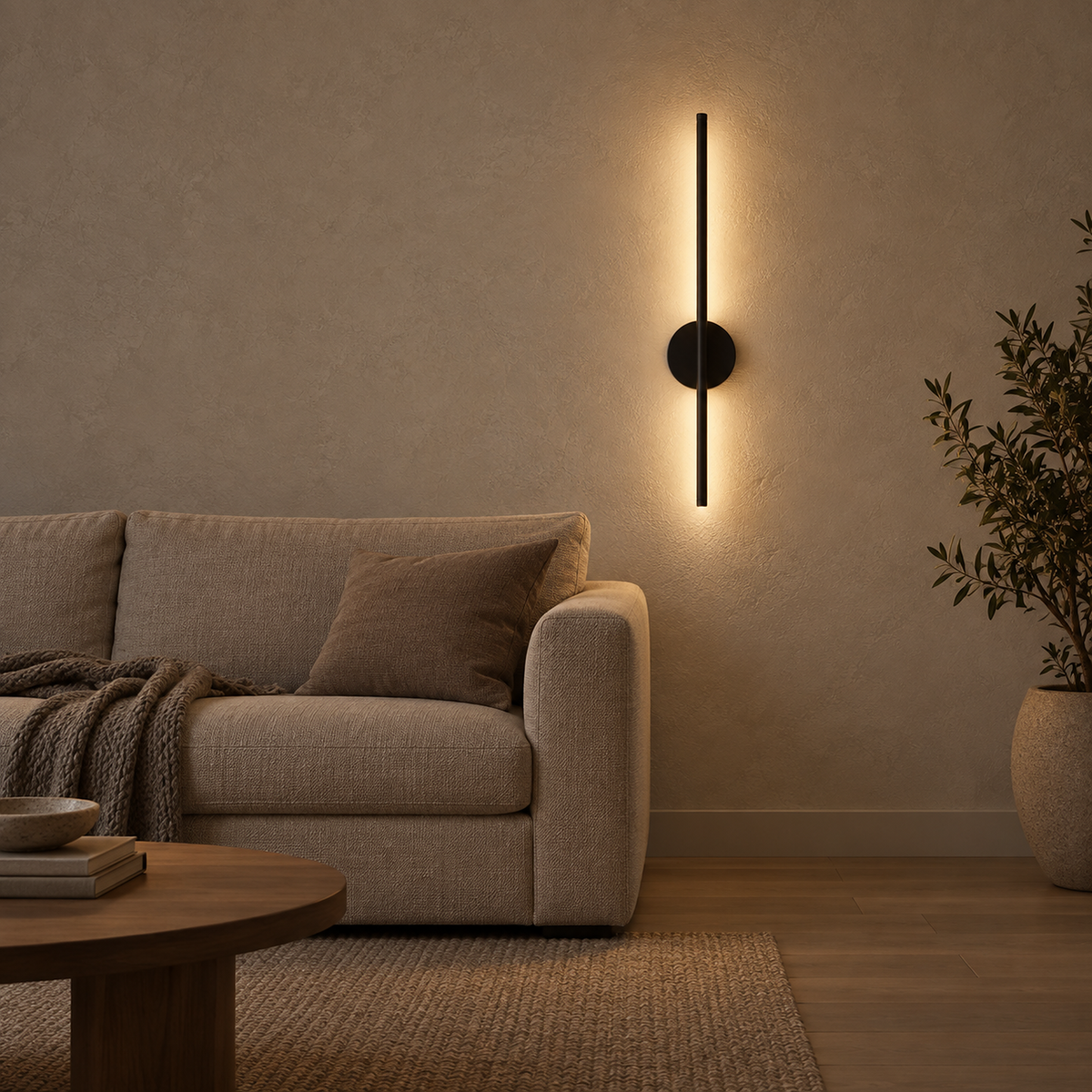 Nedrila black cordless wall lamp lighting a living room after dark with warm light