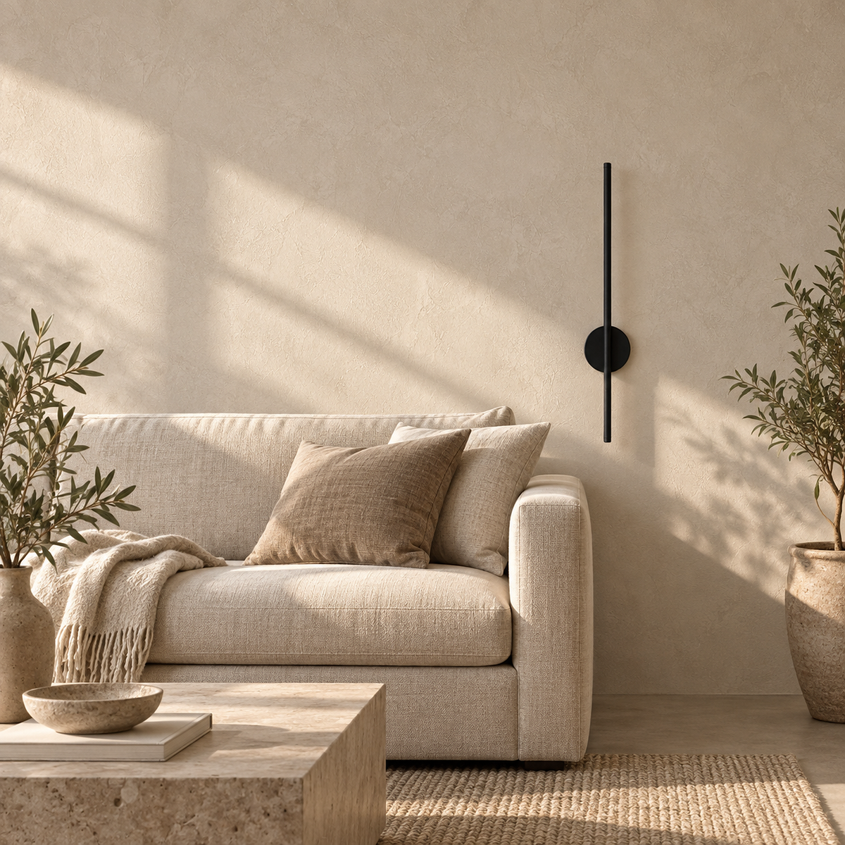 Nedrila black cordless wall lamp unlit on the wall beside a living room sofa