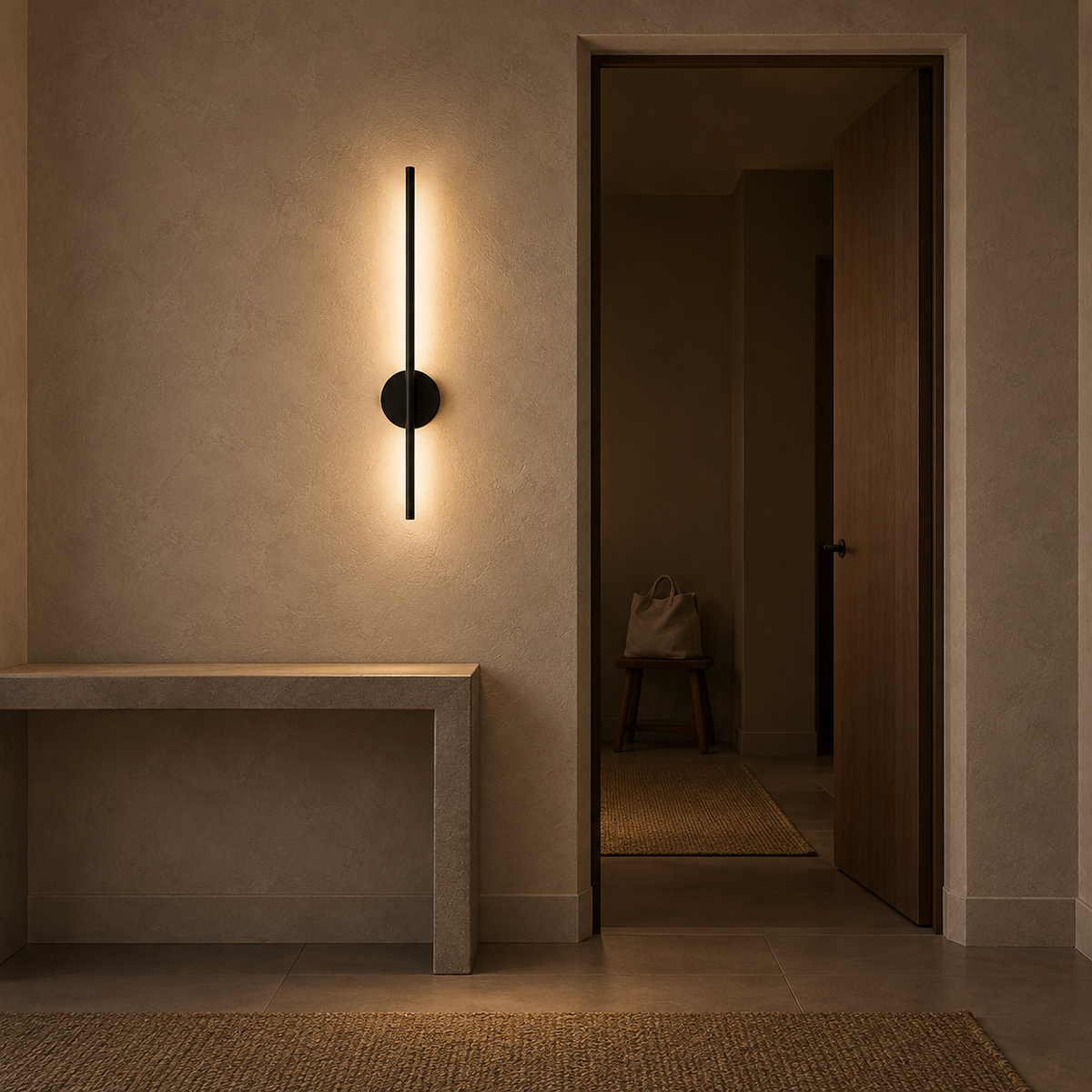 Nedrila black LED wall sconce washing hallway plaster with warm light at night
