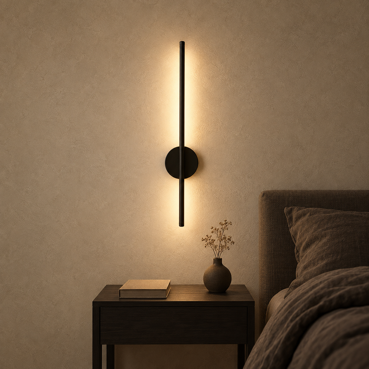 Nedrila black rechargeable wall sconce casting warm light in a bedroom at night