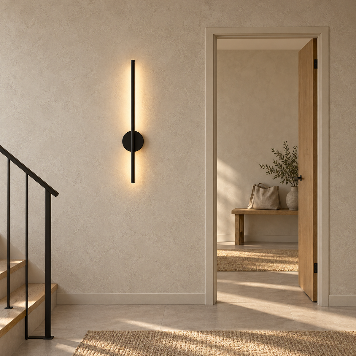 Nedrila black rechargeable wall sconce lit beside a stair landing in afternoon light
