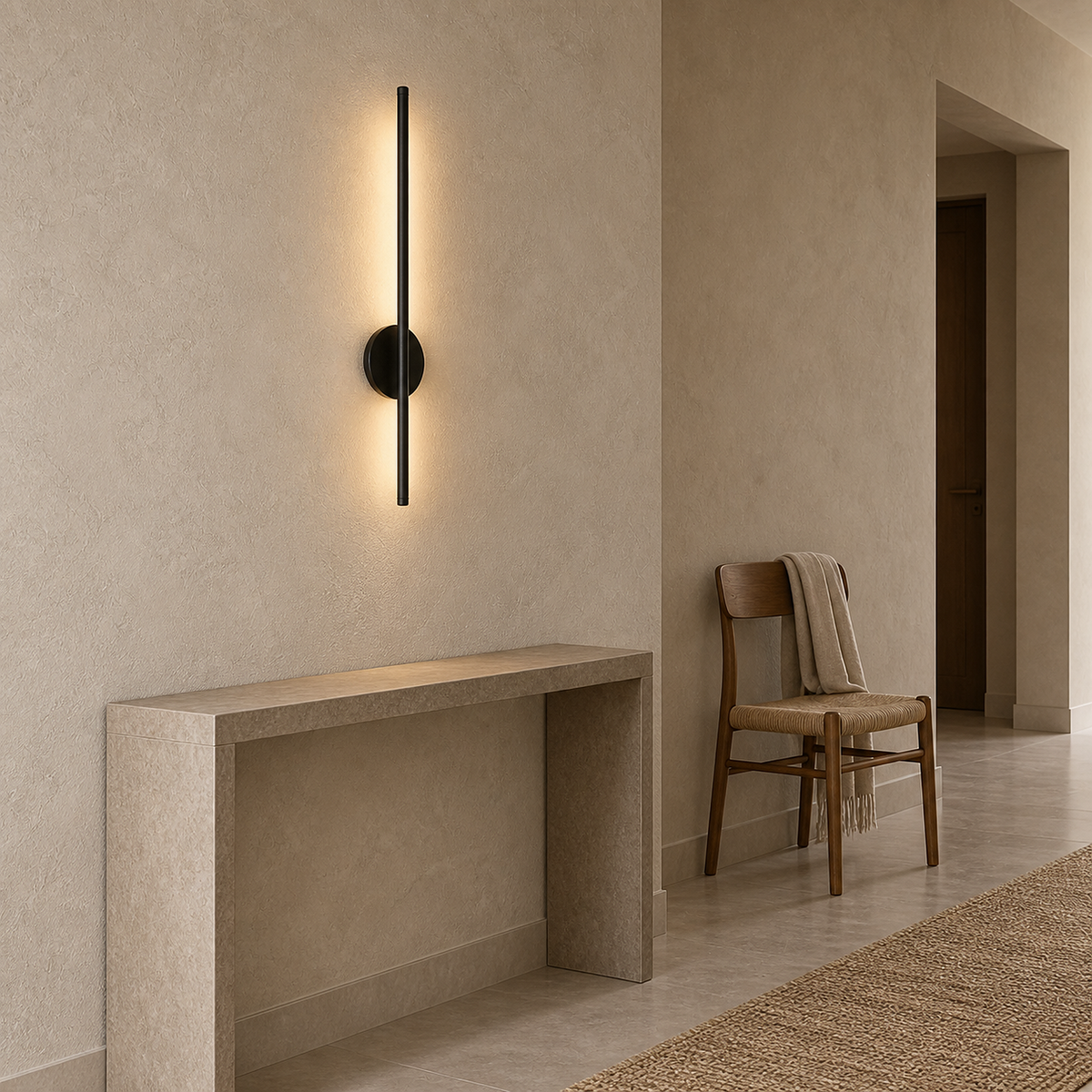 Nedrila black wireless wall light lit in a hallway showing its round base and warm backlight