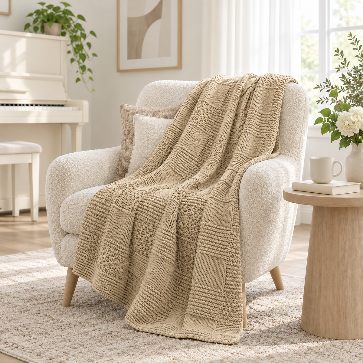 Nelvari beige throw blanket for couch draped diagonally across an ivory chair in a music room #color_beige