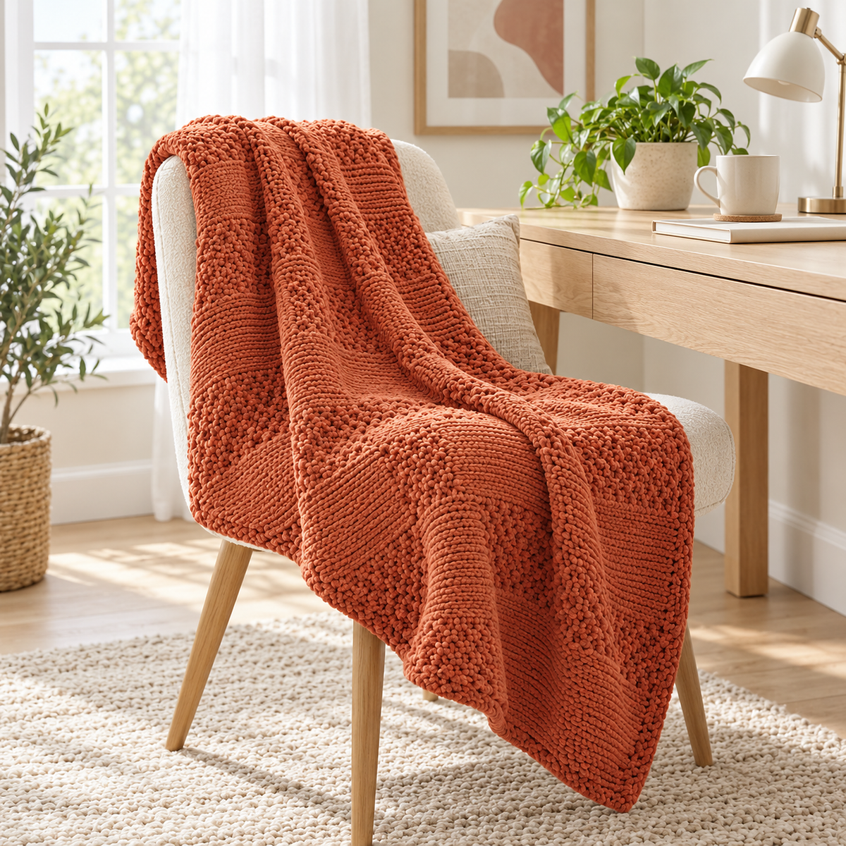 Nelvari red knit throw blanket with a draped corner beside its textured check panels in a writing nook