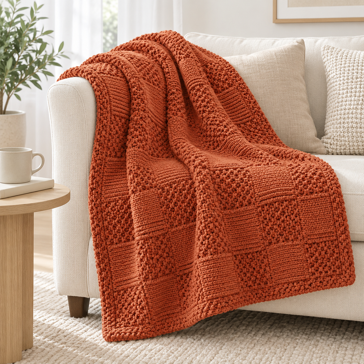 Nelvari red throw blanket for couch draped over the arm of an ivory loveseat in a living room