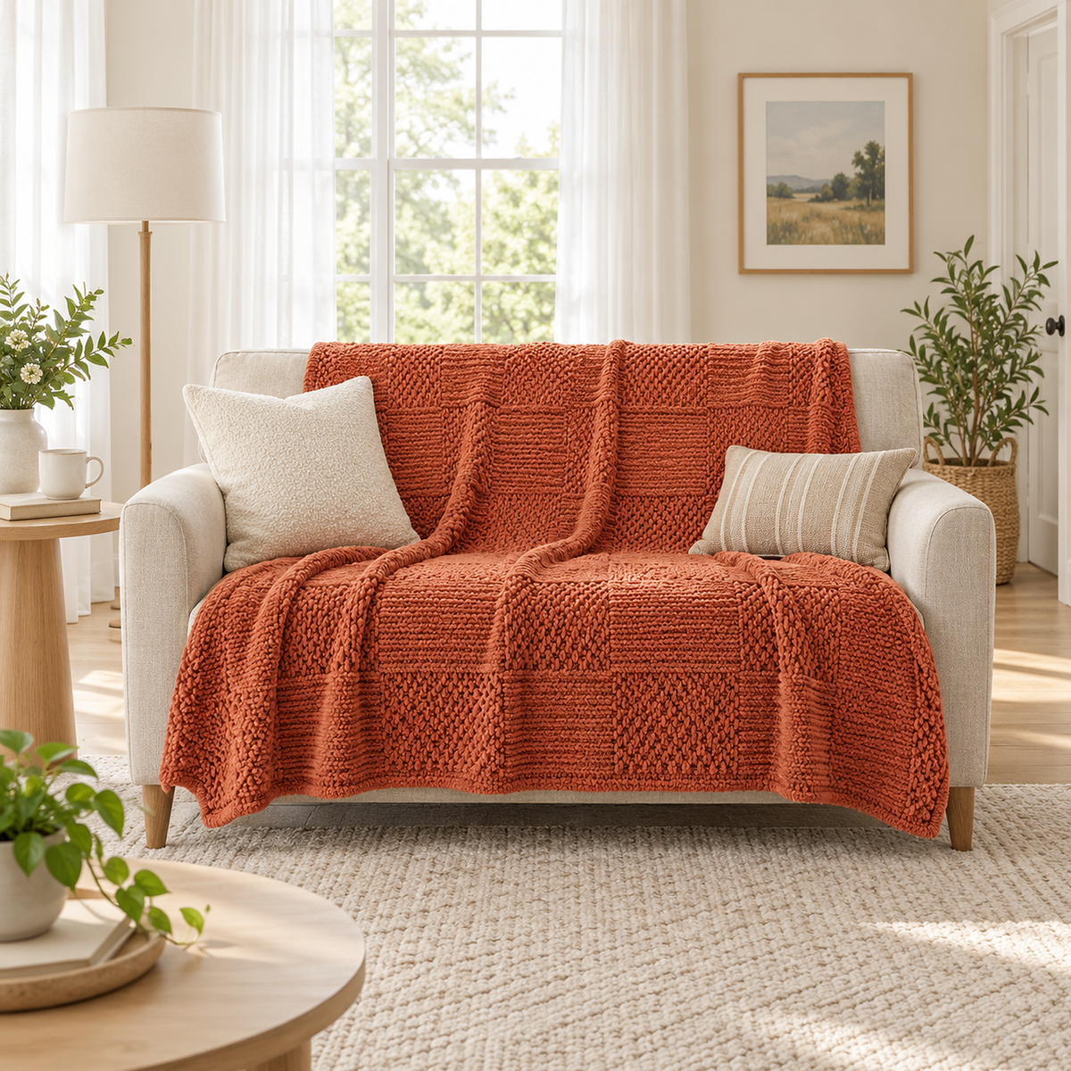 Nelvari Red throw blanket for couch with textured check knit draped over the back and seat of a cream sofa