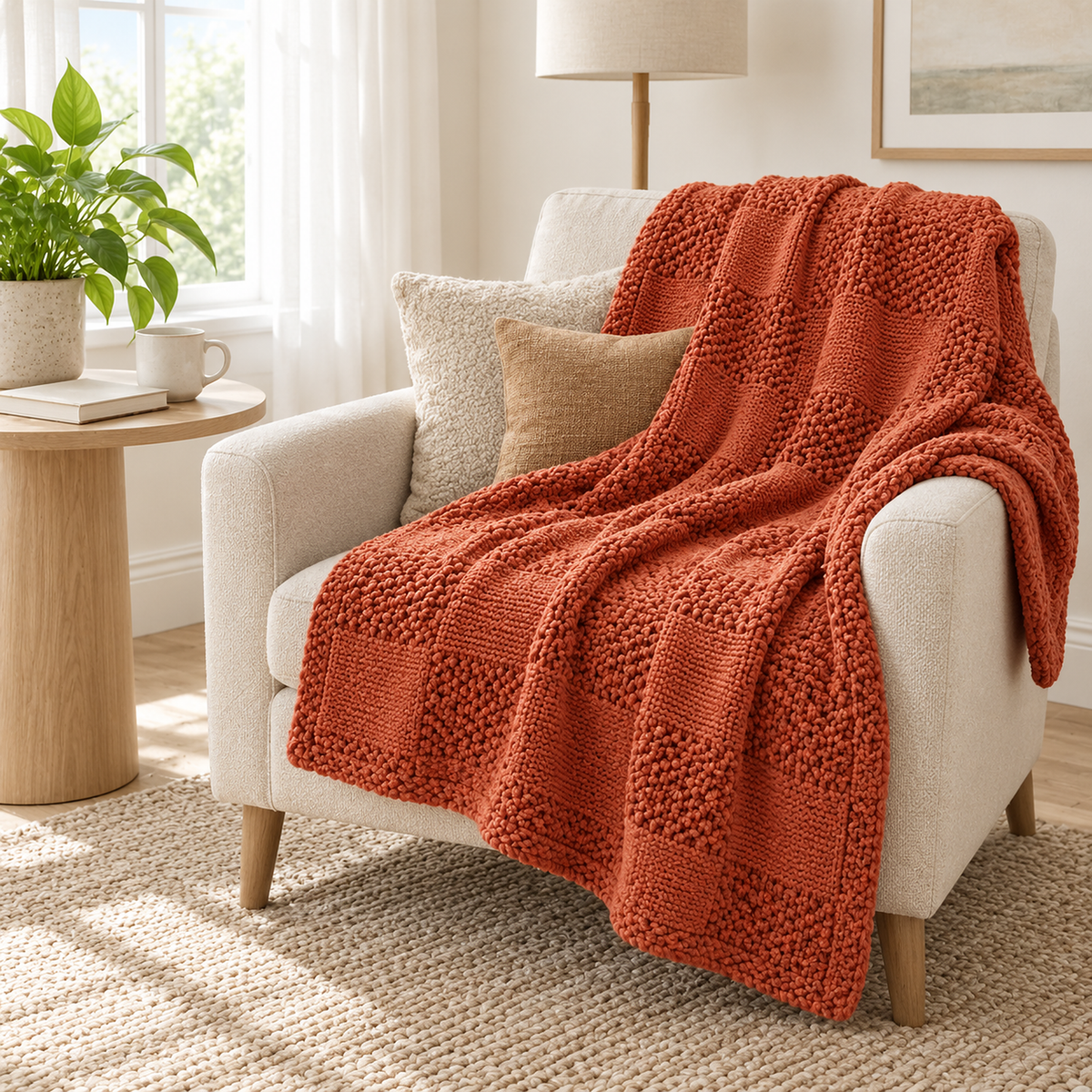 Nelvari red throw blanket for couch left over an armchair after reading in a landing lounge