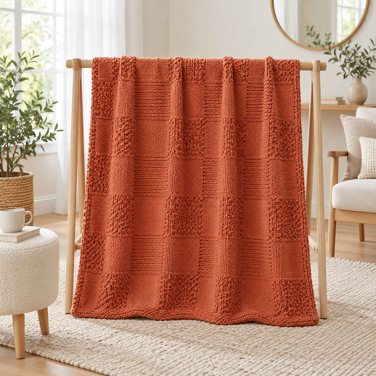 Nelvari red throw blanket for couch opened out on a wooden rail in an upstairs sitting room