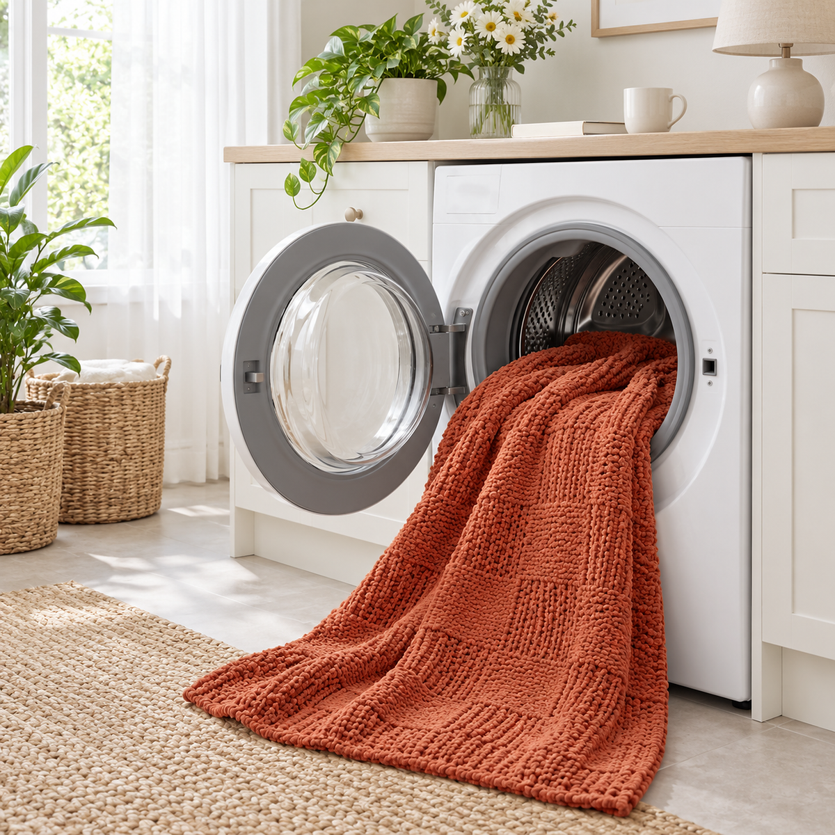 Nelvari red throw blanket in a laundry room, ready for a wash in a home washing machine