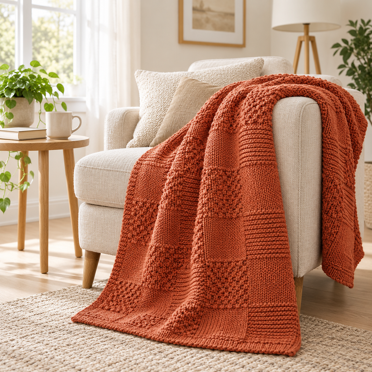 Nelvari Red throw blanket with textured knit checks draped over a cream armchair with cushions.