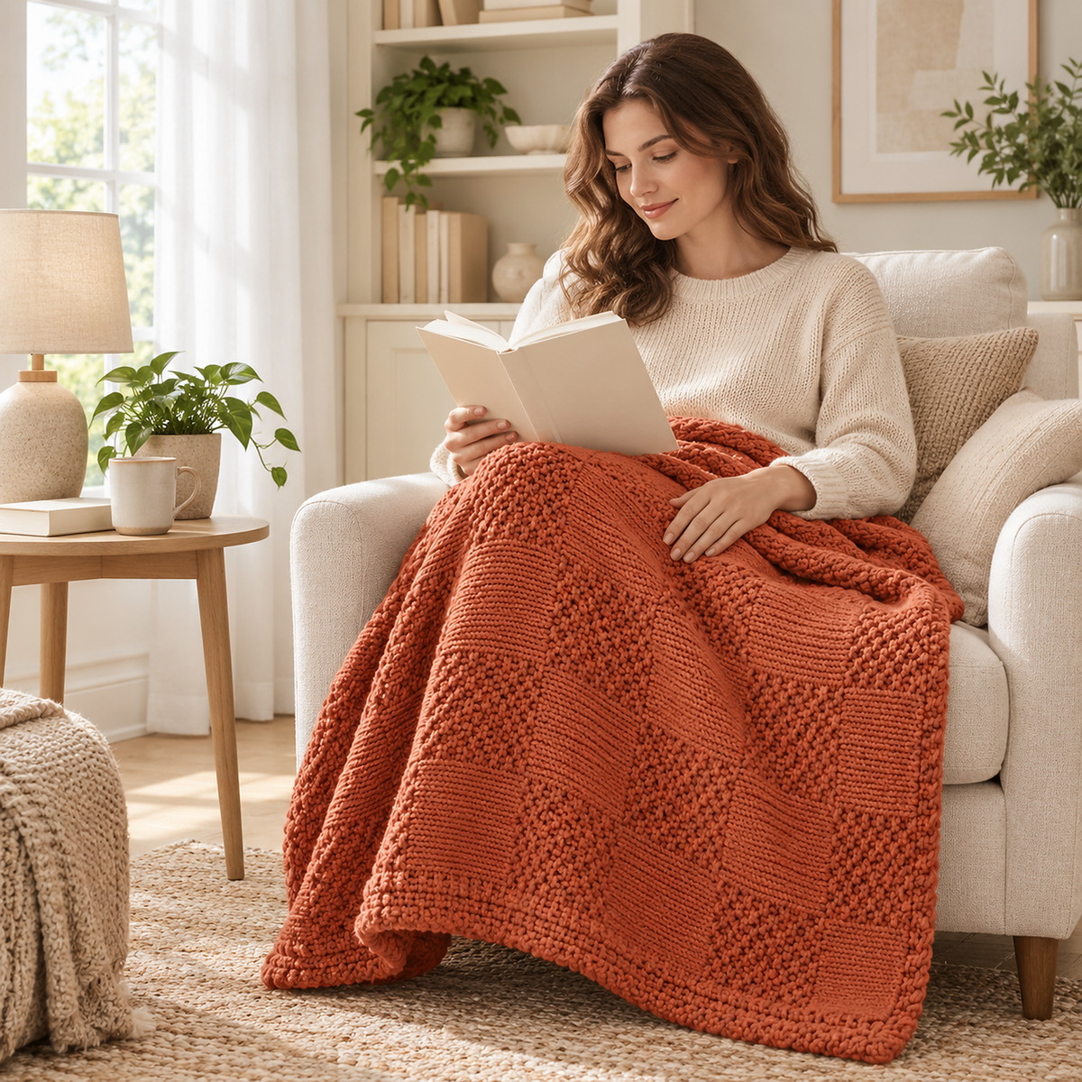 Nelvari red throw blanket over the knees of a reader in a library armchair