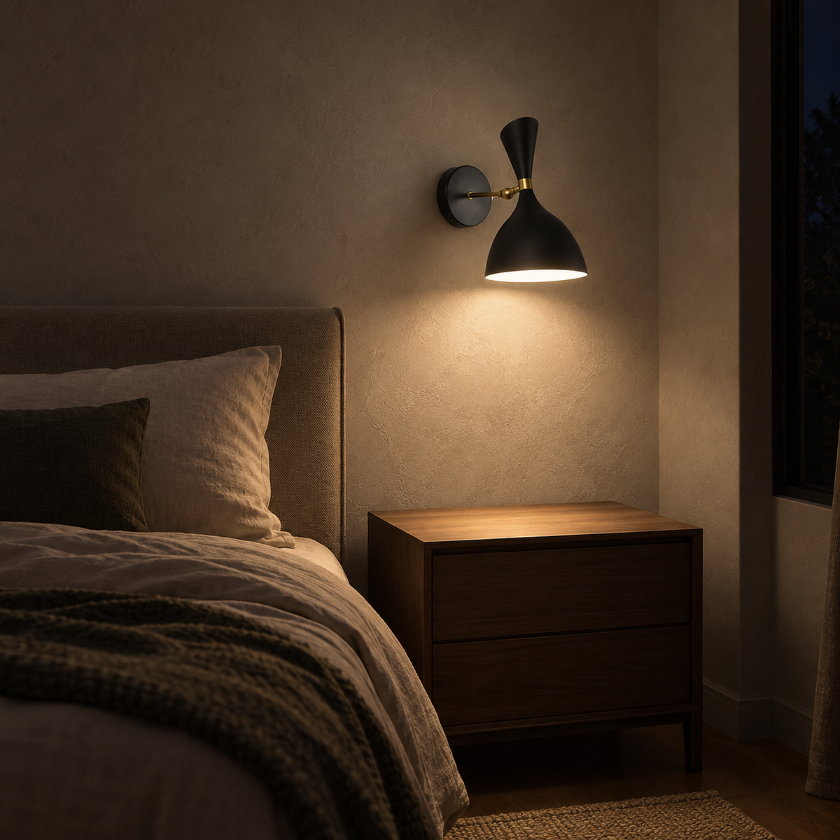 Nematore black bedside wall light lighting an empty nightstand at night #color_black