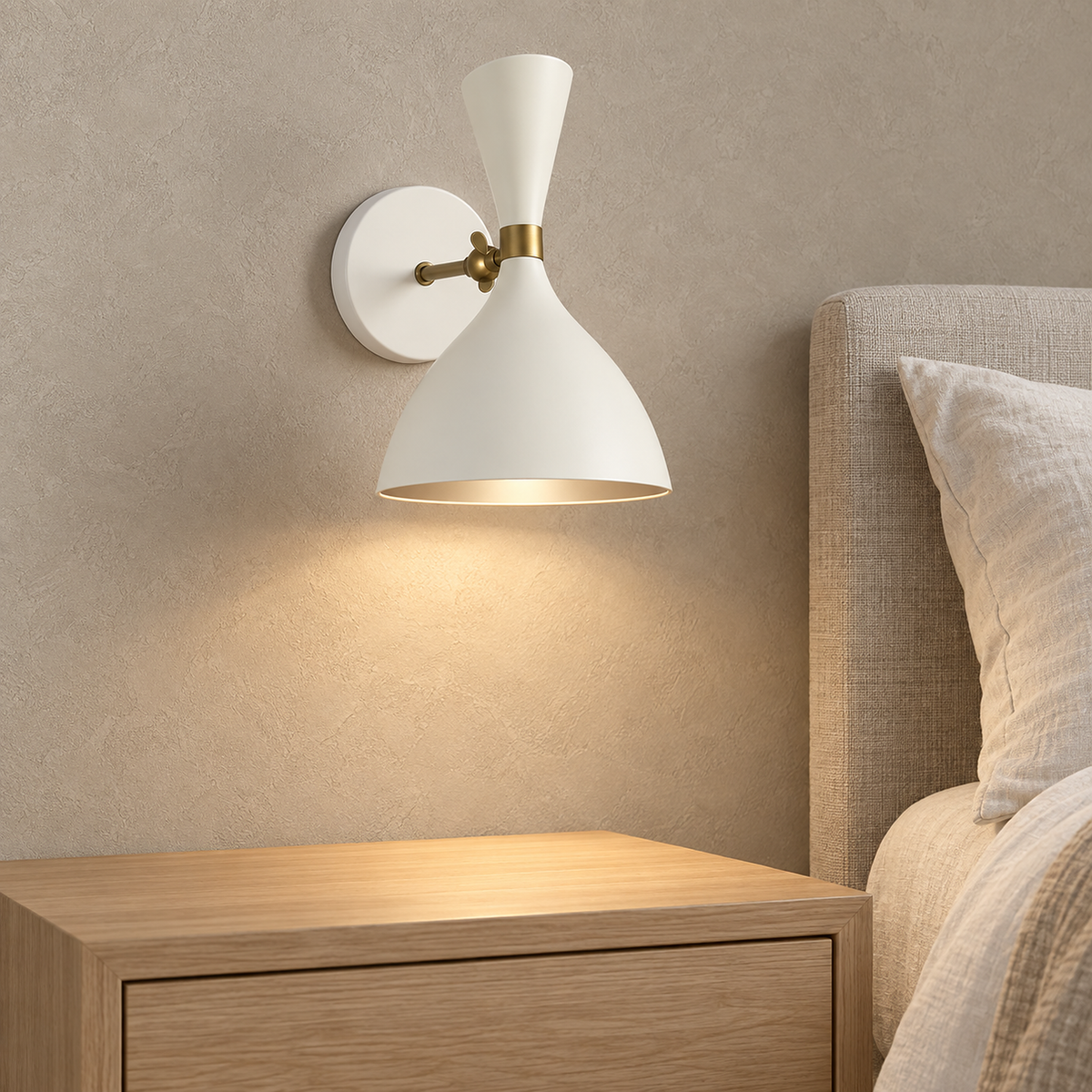 Nematore white bedside wall light switched on above a clear nightstand in a guest bedroom