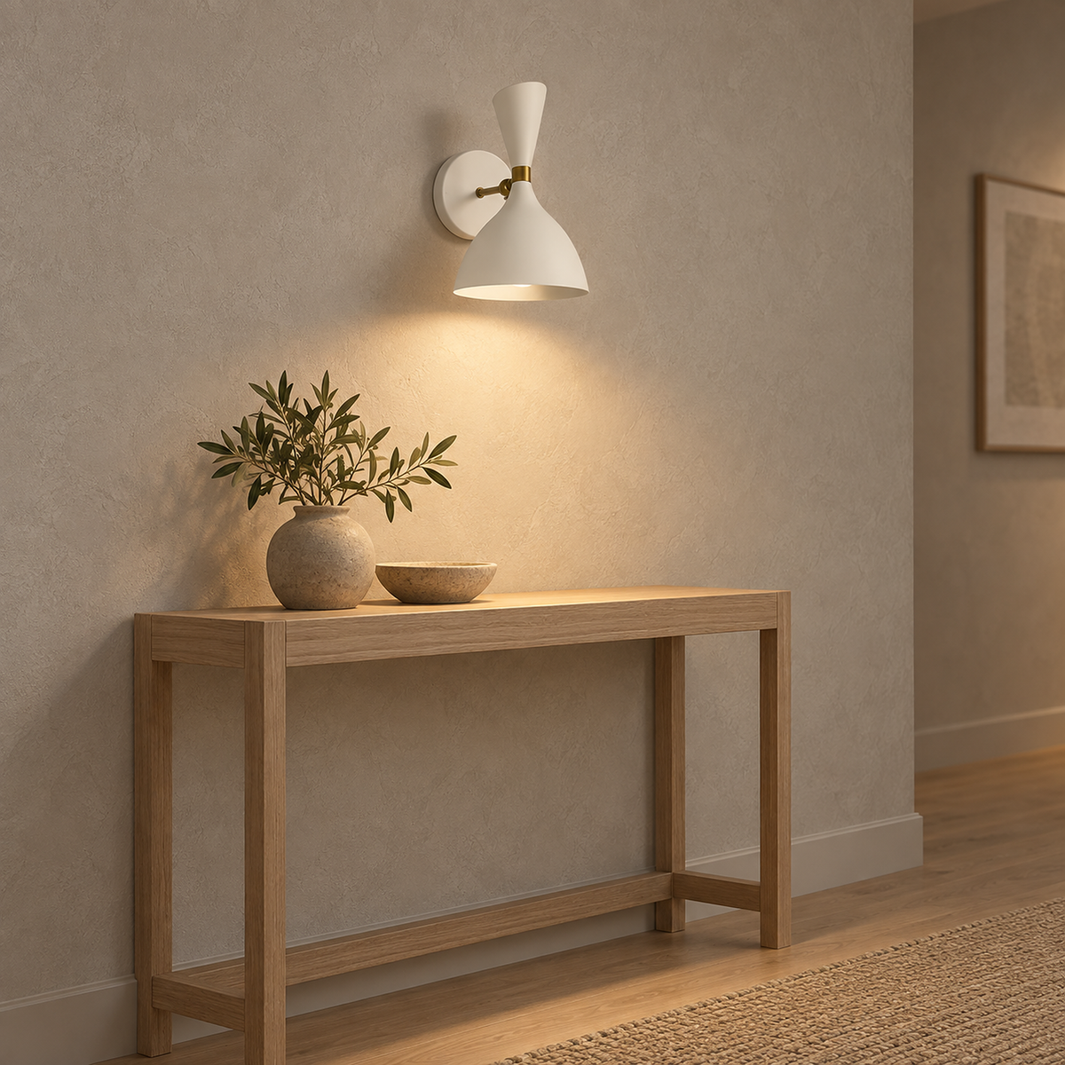 Nematore white wall light casting warm light above a hallway console