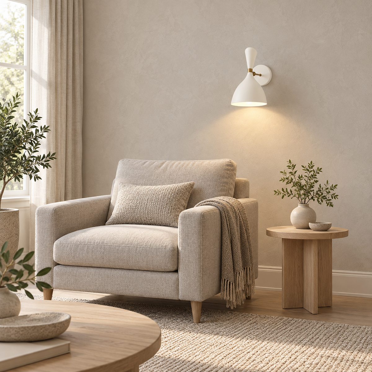 Nematore white wall light lit beside an oatmeal armchair in a living room