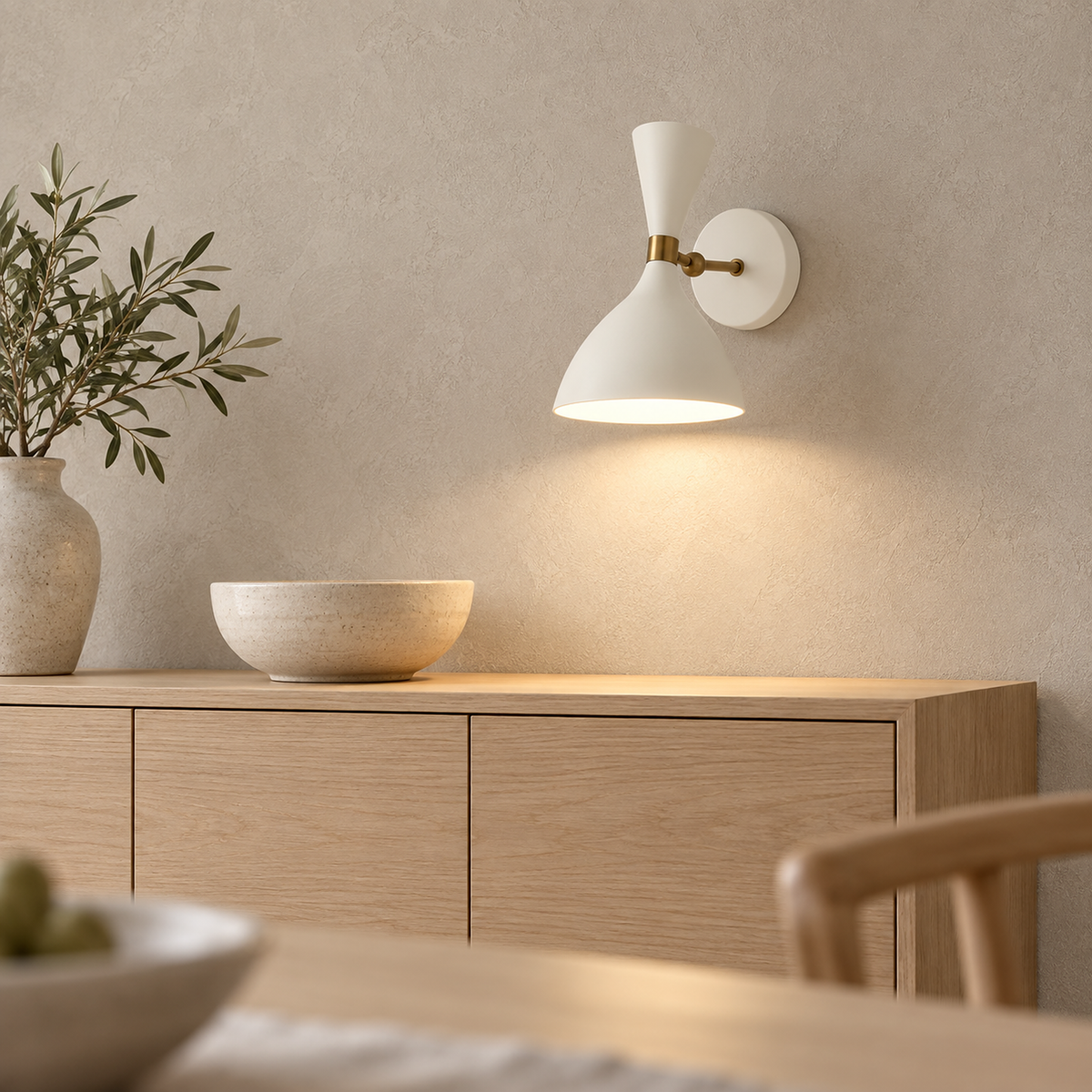 Nematore white wall light showing one lit opening at the lower edge of the shade
