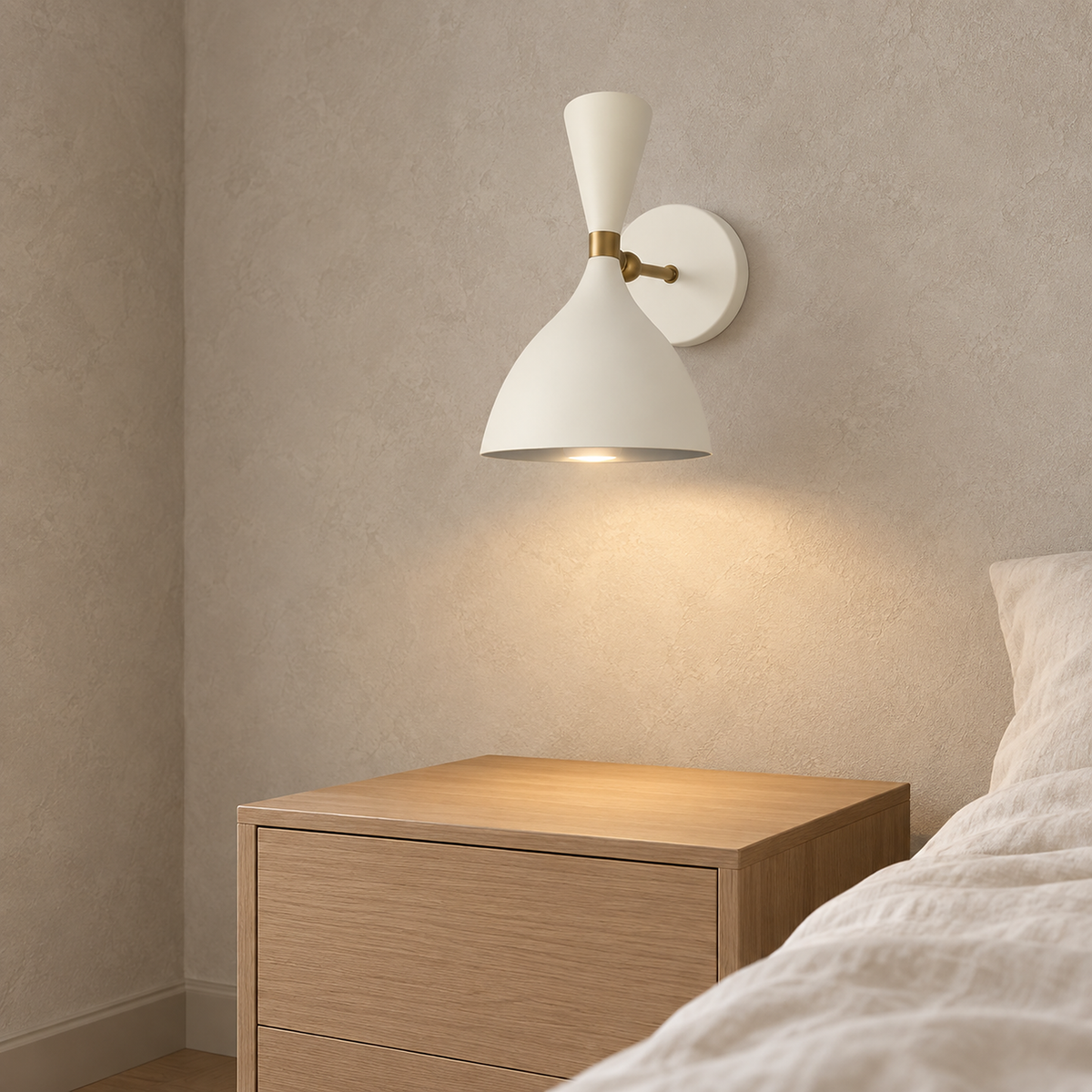 Nematore white wall sconce lit and showing its short wall arm and backplate