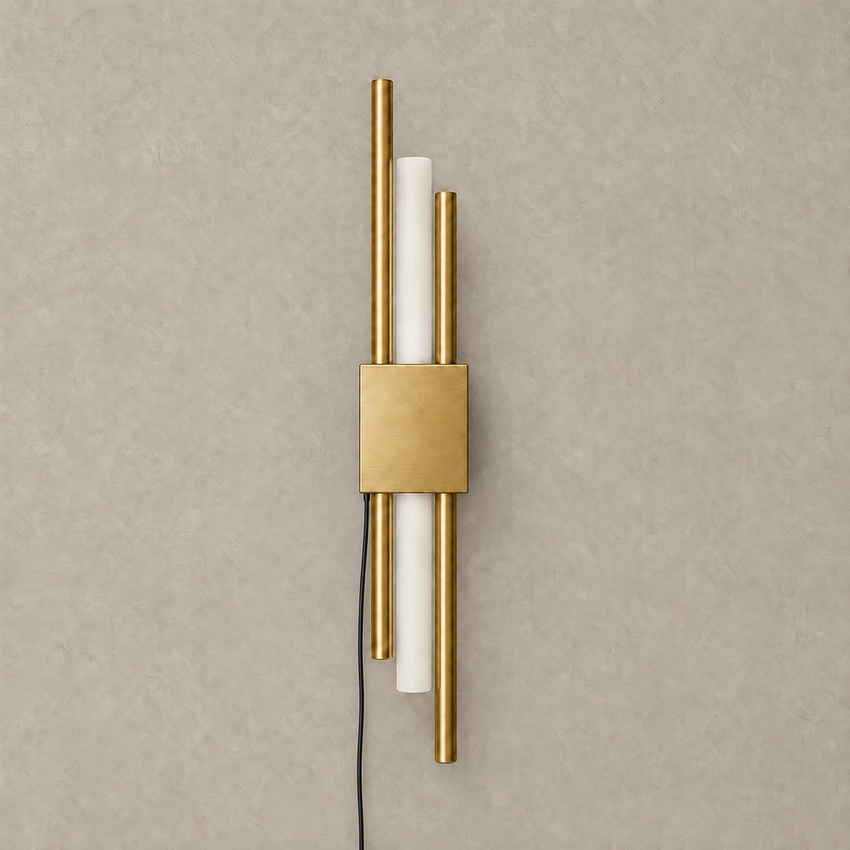 Nemirsa gold plug in wall sconce, unlit, showing the gold finish and staggered rods #color_gold