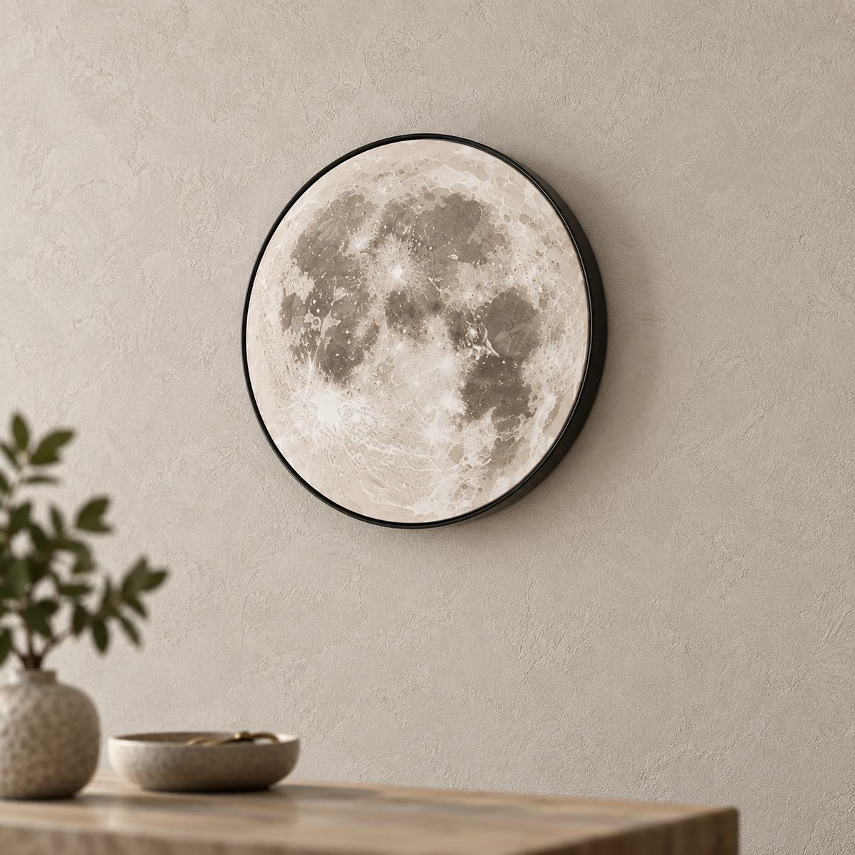 Nerativa black and moon white bedside wall light unlit in close up on craters and black rim