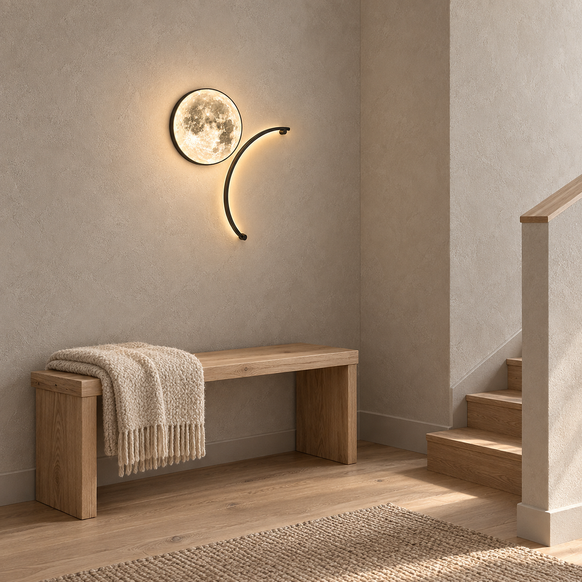 Nerativa black and moon white wall lamp lit and seen from the side with a shallow 5 cm depth