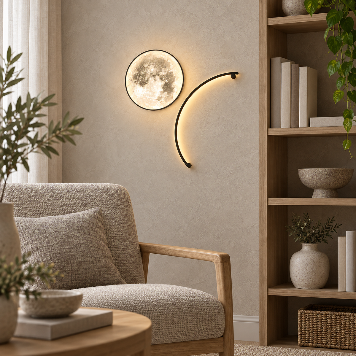 Nerativa black and moon white wall lamp lit beside a row of library books in daylight