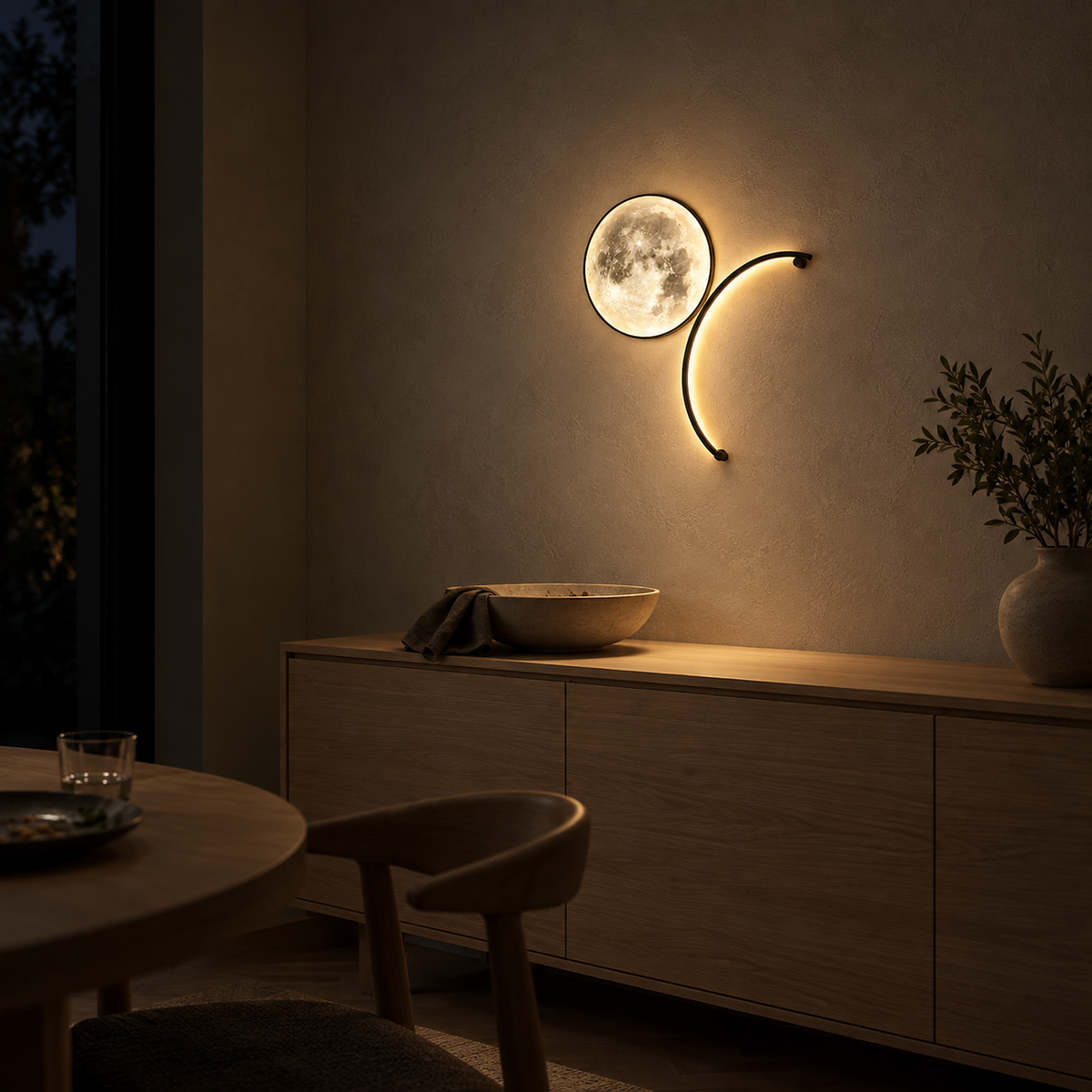Nerativa black and moon white wall light casting gentle light over a dining room at night