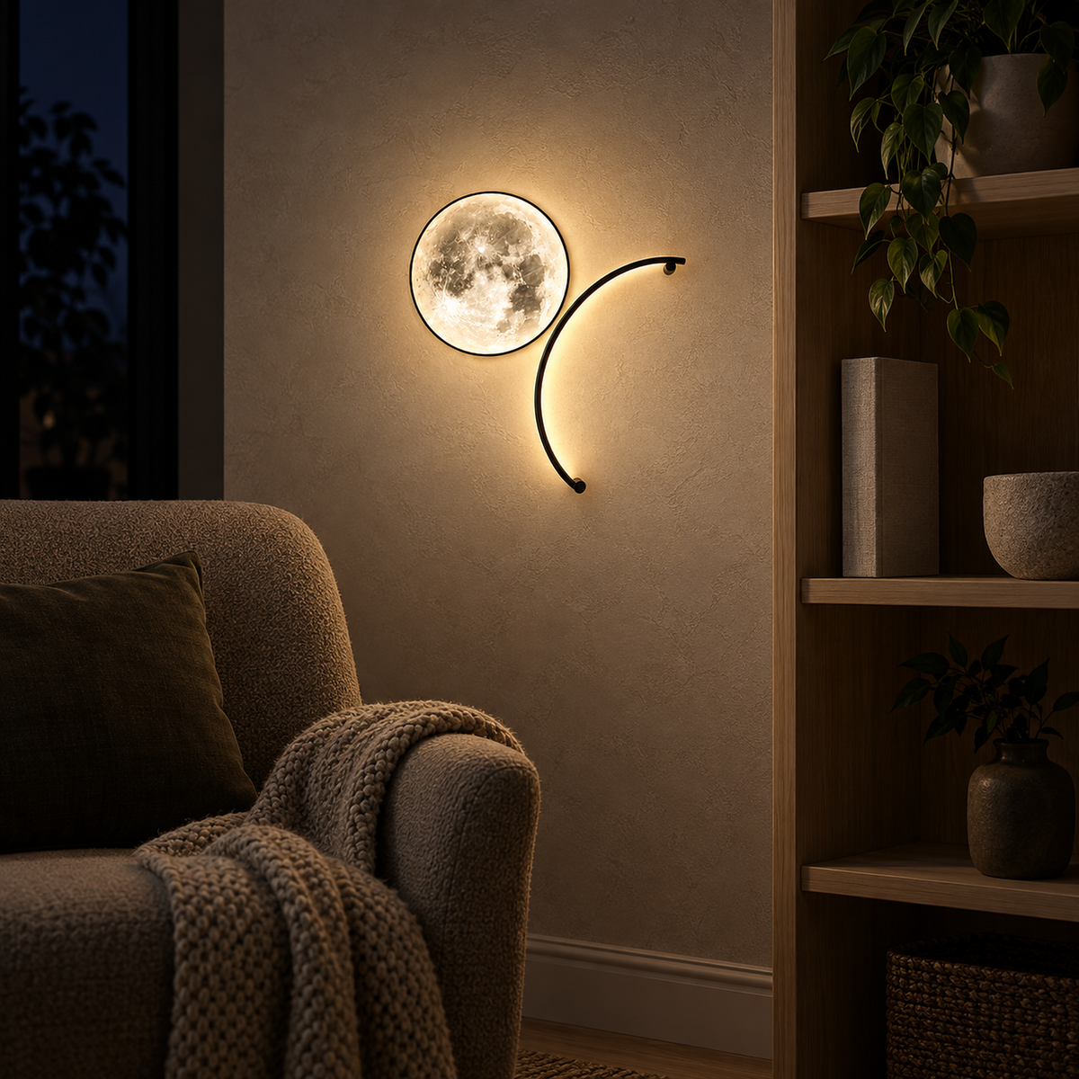 Nerativa black and moon white wall light glowing warm beside quiet library shelves at night
