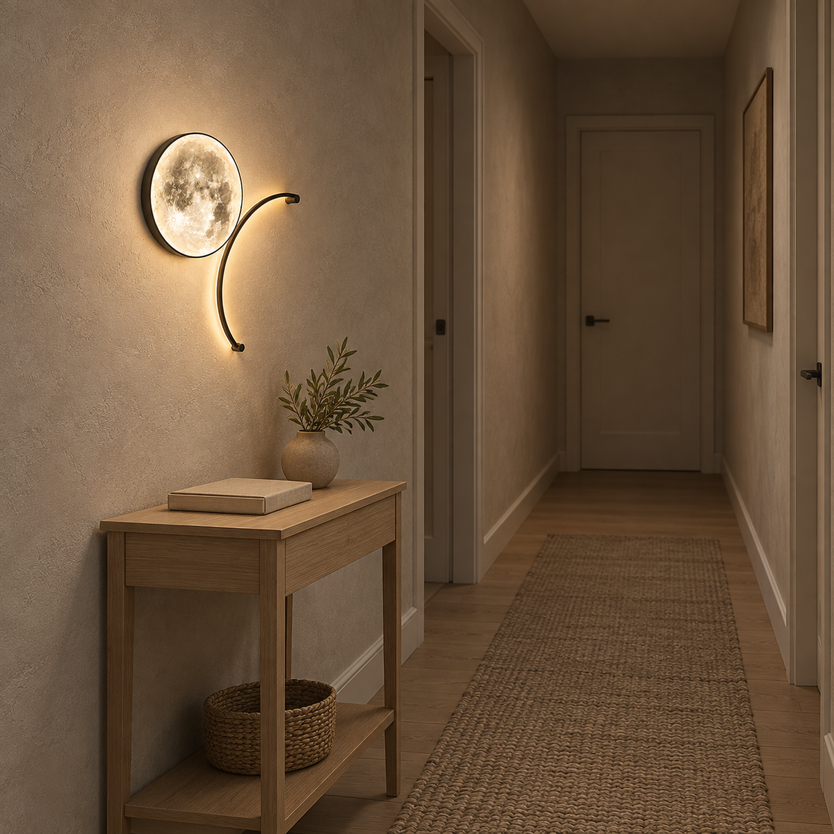 Nerativa black and moon white wall sconce lit along a narrow hallway, shallow on the wall