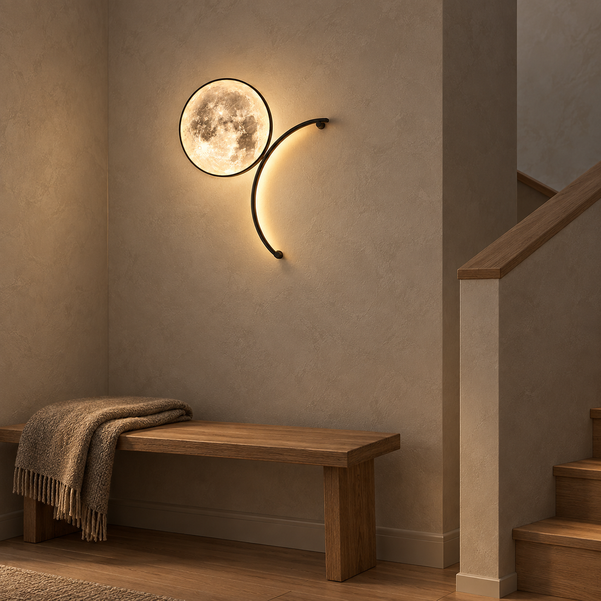 Nerativa black and moon white wall sconce lit in afternoon light with lunar markings and shallow rim