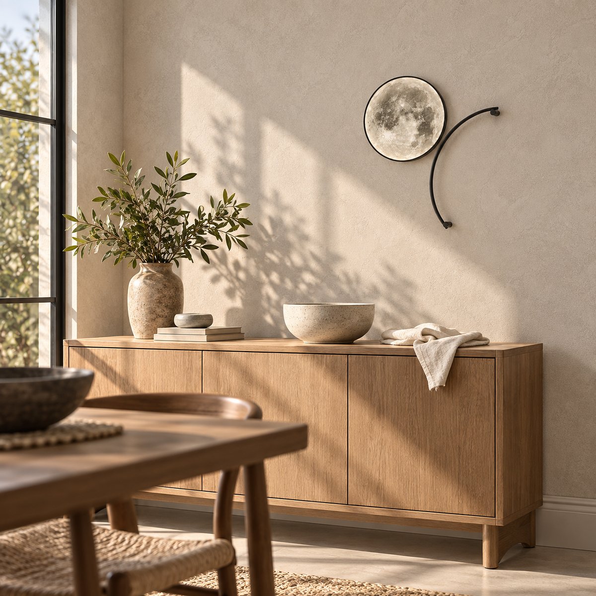 Nerativa black and moon white wall sconce unlit as wall decoration in bright dining daylight