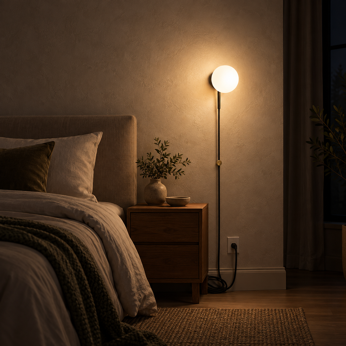 Neravolo black plug in wall light glowing against bedroom plaster at night
