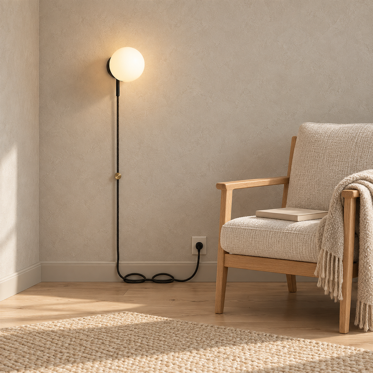Neravolo black plug in wall sconce glowing with its cord run to a nearby outlet