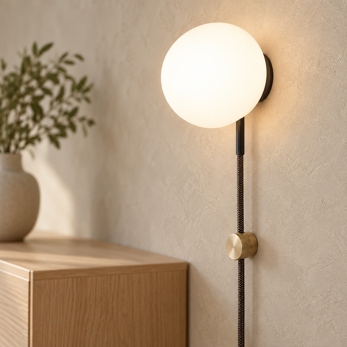 Neravolo black wall lamp detail of the 300 cm power cord and the wall fitting