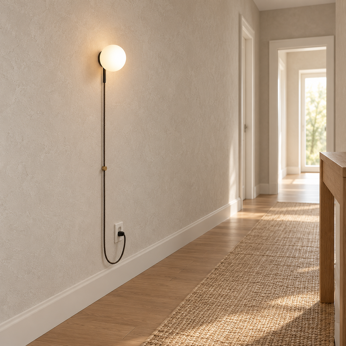 Neravolo black wall light mounted above a clear hallway floor and softly glowing