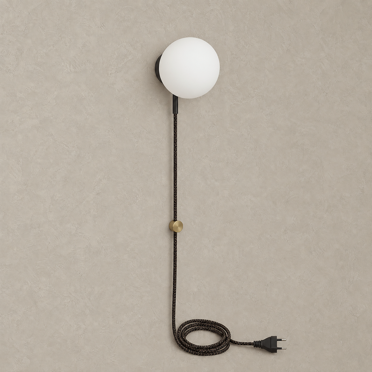 Neravolo plug in wall sconce in black with unlit frosted glass globe
