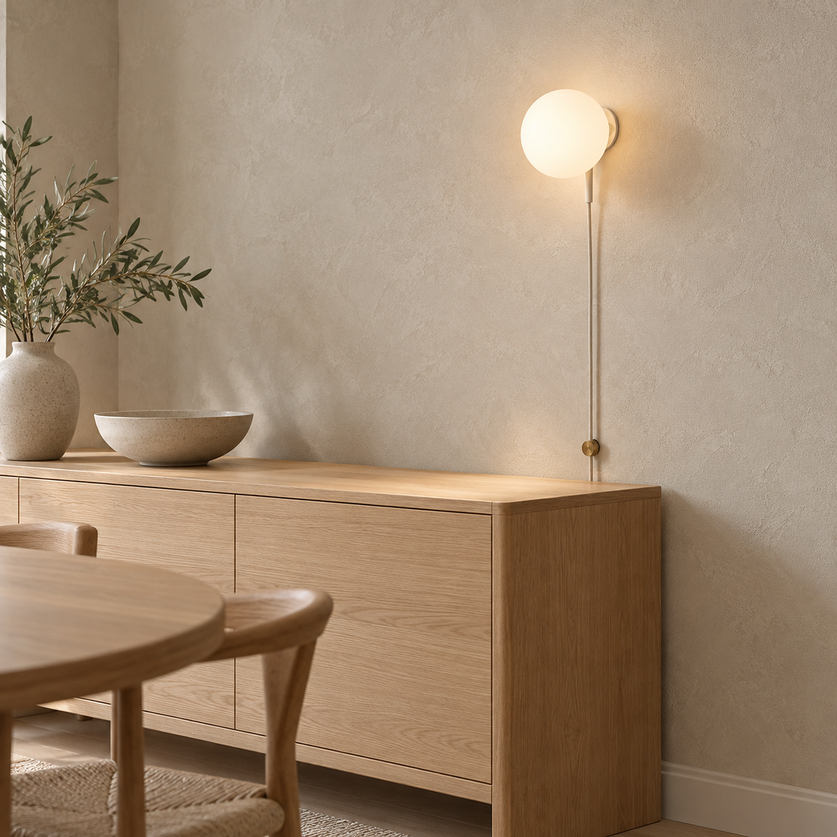 Neravolo white plug in wall lamp glowing in a dining nook during the day #color_white