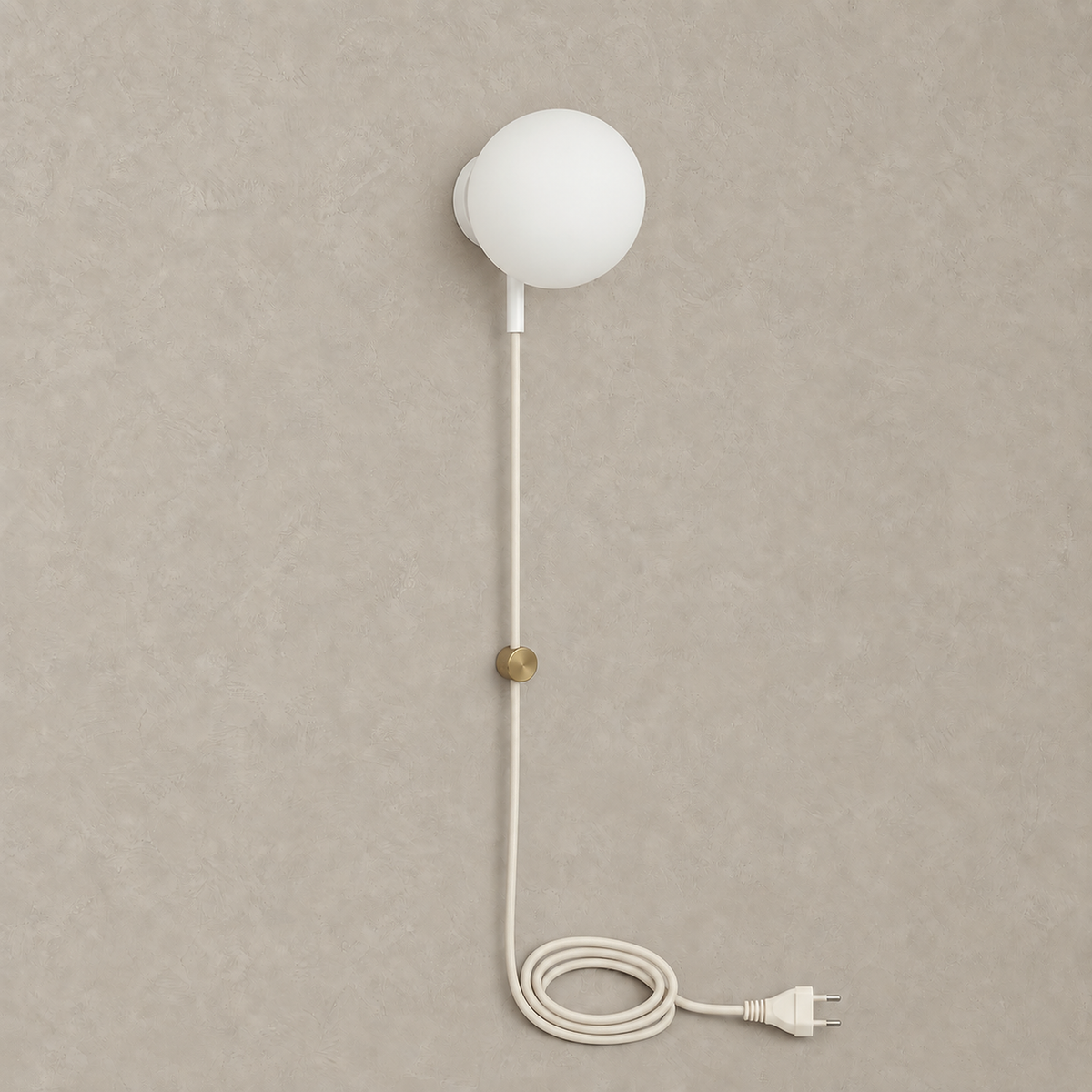 Neravolo white plug in wall sconce with its unlit frosted glass globe on a plain background #color_white