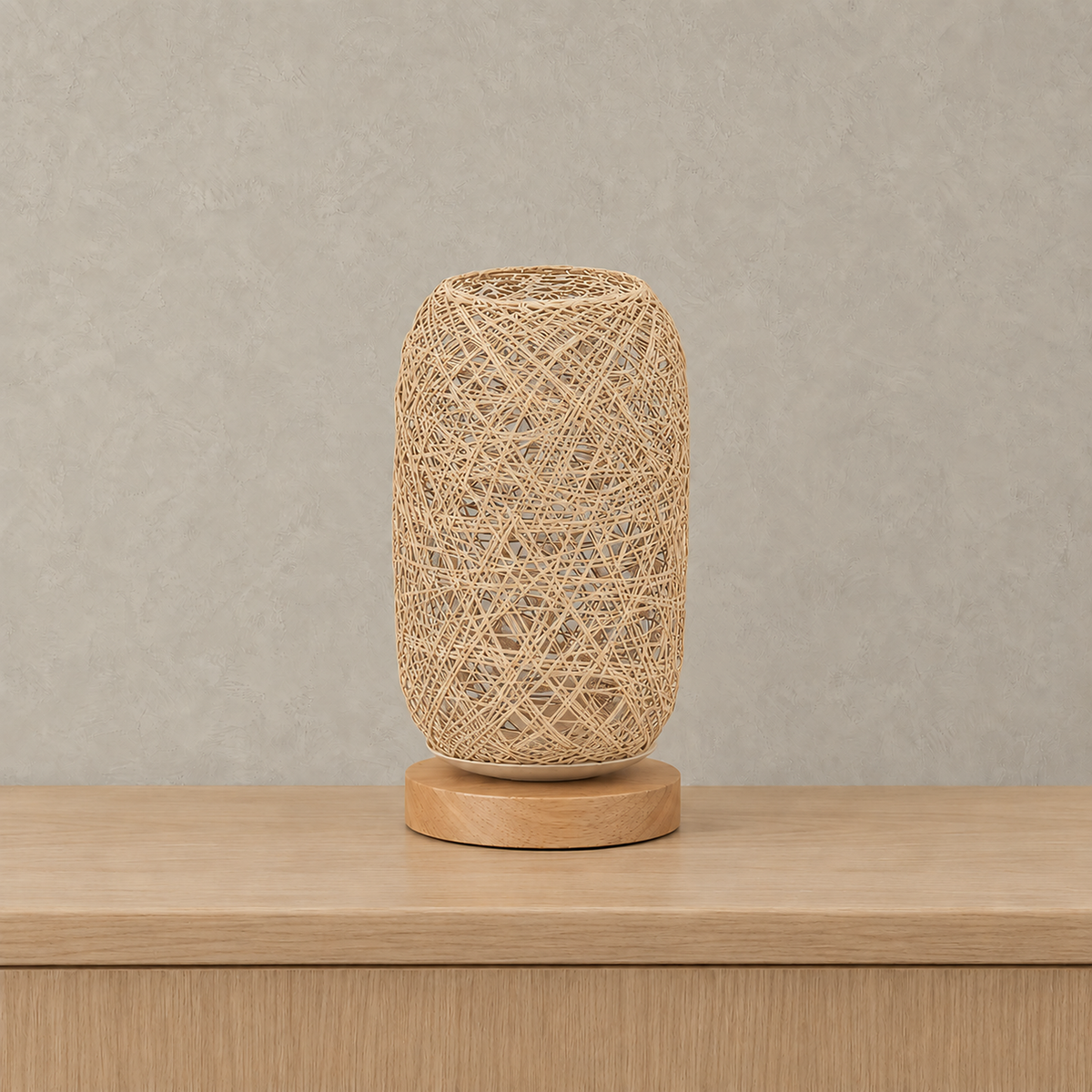Nerilva beige rechargeable table lamp with natural wood base, unlit against warm greige plaster #color_beige