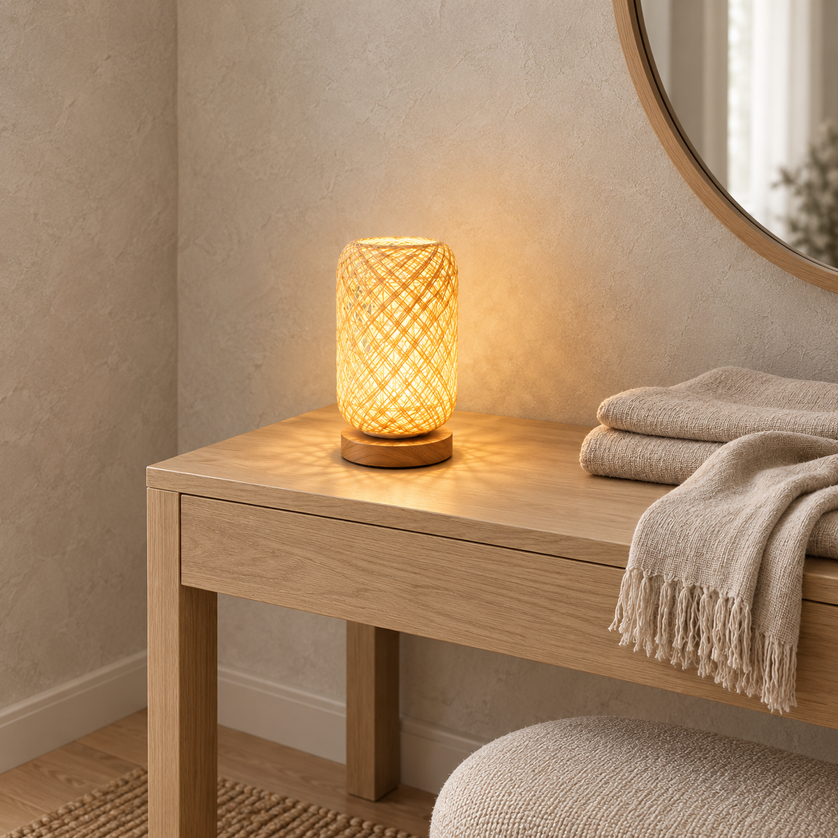 Nerilva beige table lamp adding woven texture beside folded clothes in a dressing room #color_beige
