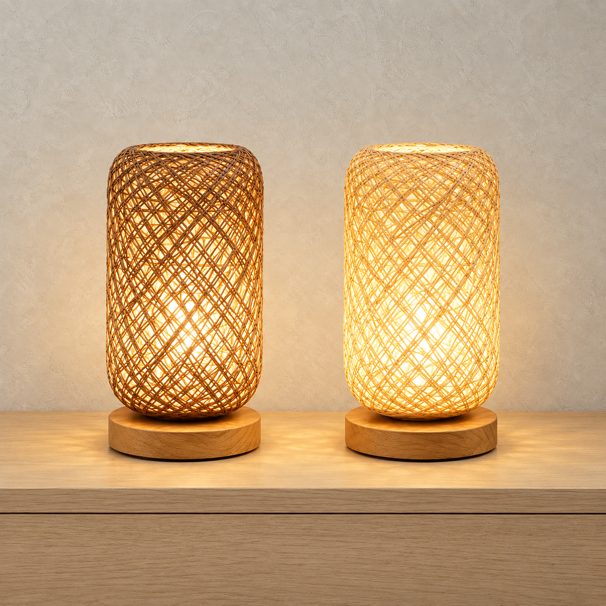Nerilva brown and beige rechargeable table lamps glowing side by side with warm light