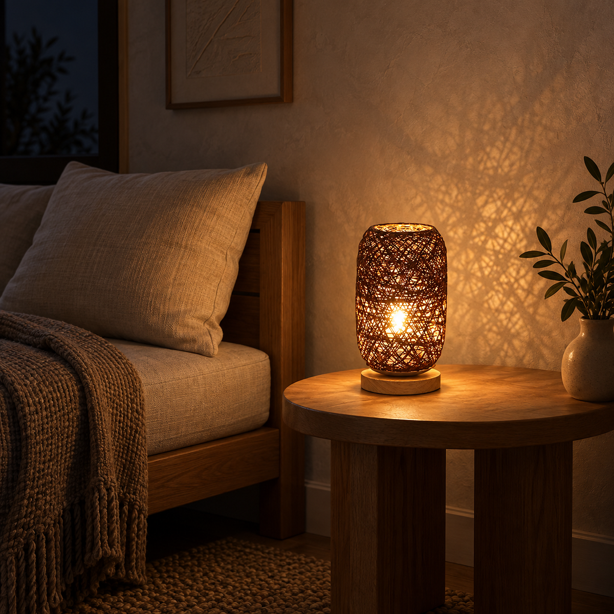 Nerilva brown bedside lamp casting woven warm light beside a library daybed at night