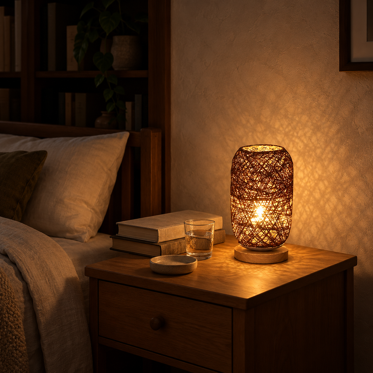 Nerilva brown bedside lamp glowing at night with room left beside it for books and water