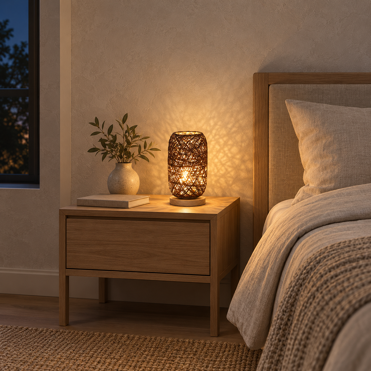 Nerilva Brown bedside lamp glowing on a wooden nightstand beside a neatly made bed in a dim bedroom