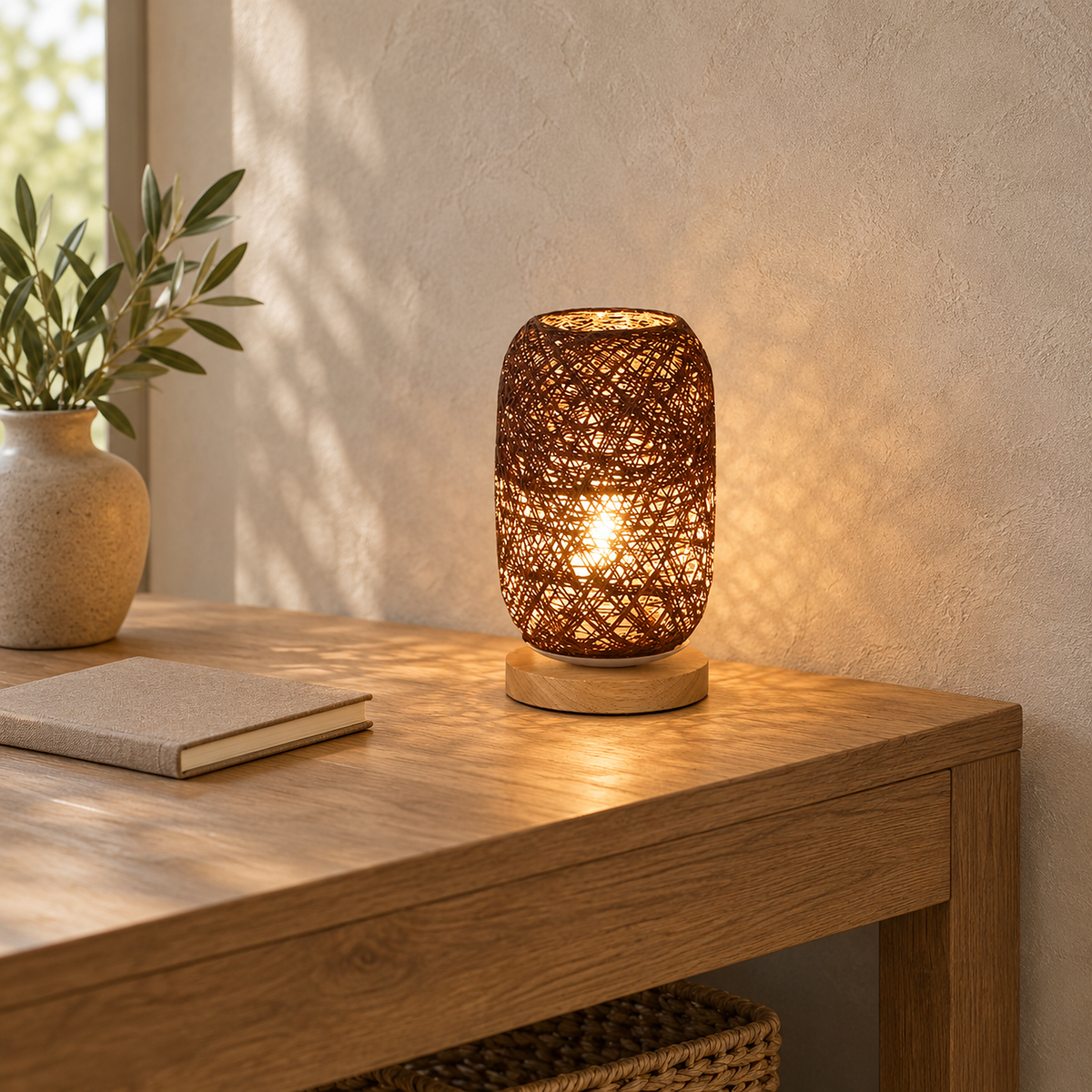 Nerilva brown rechargeable table lamp with glowing woven shade and open rim in a study