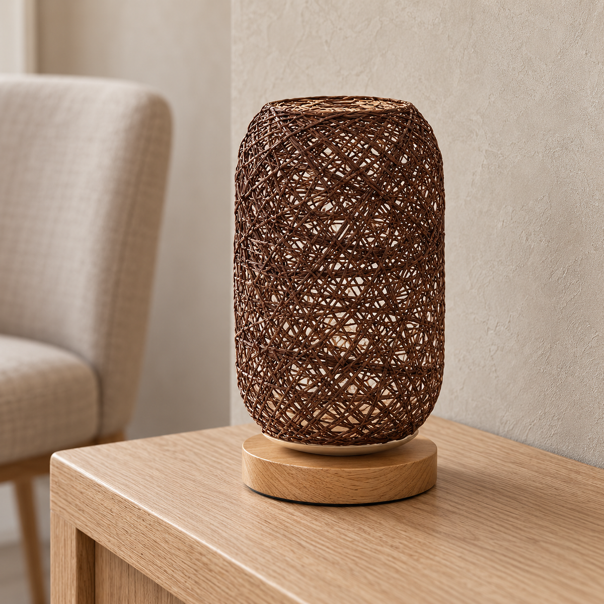 Nerilva brown table lamp close up of the handwoven shade weave and round natural wood base