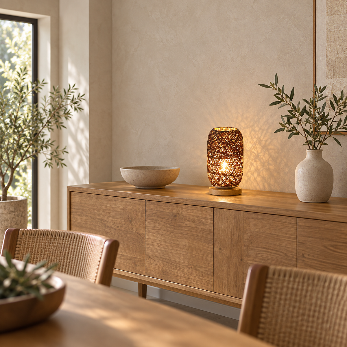 Nerilva brown table lamp leaving open space on a dining room sideboard in daylight