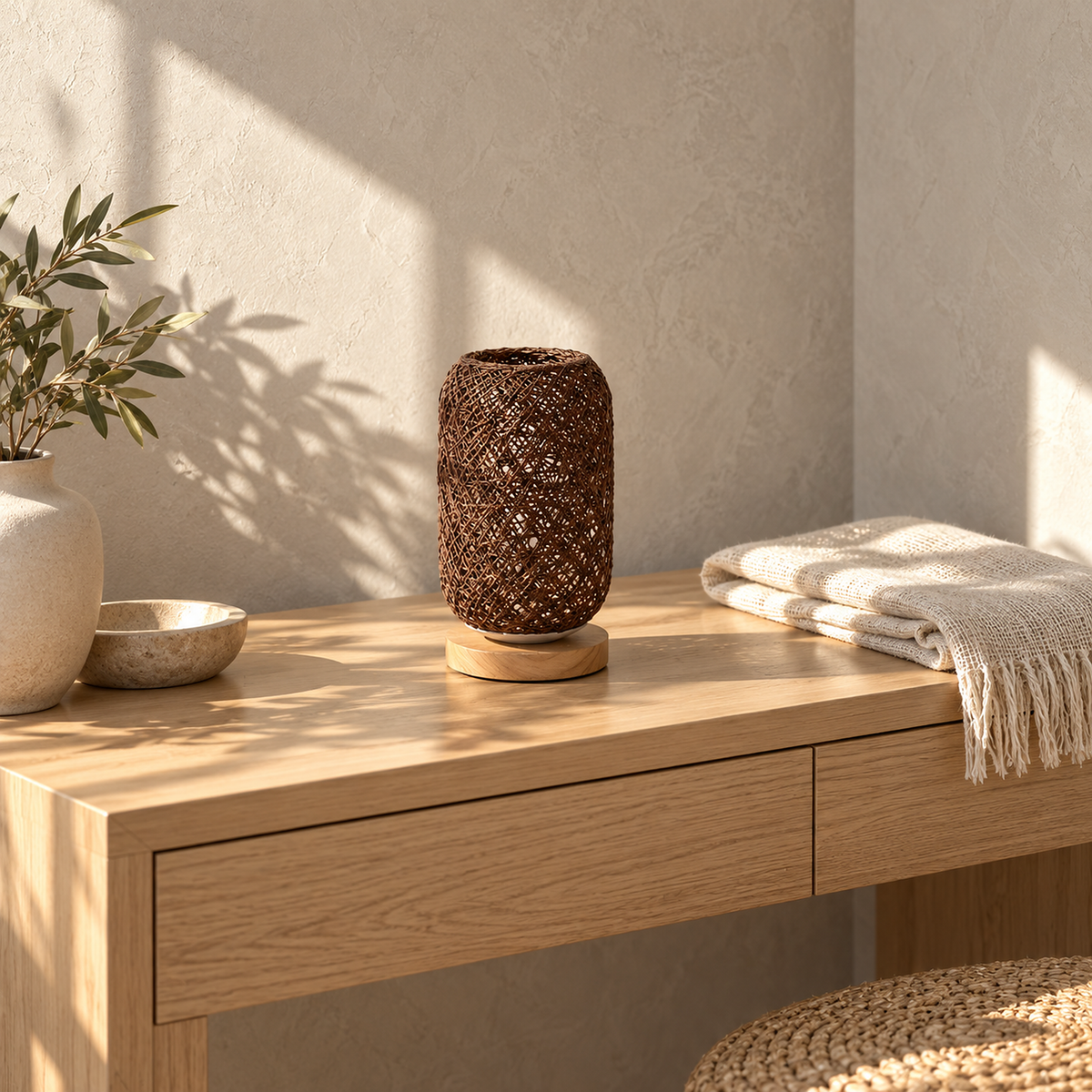 Nerilva brown table lamp with its unlit woven shade in a sunlit dressing room
