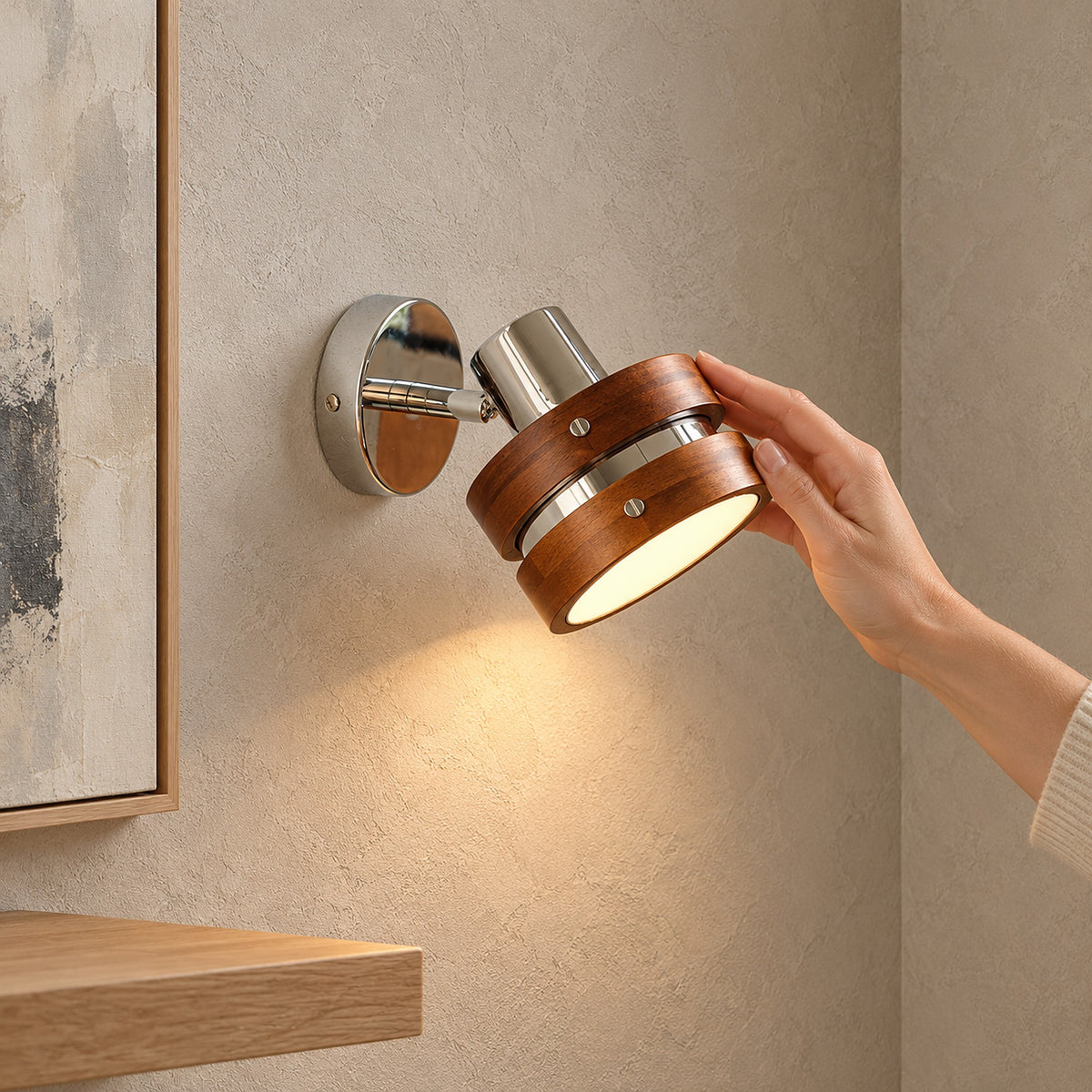 Nerilvo chrome and walnut wall light, compact short arm design on a narrow hallway wall